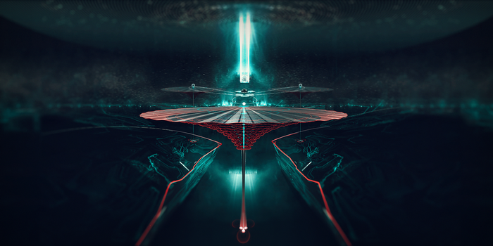 Futuristic digital art with glowing lights and structures
