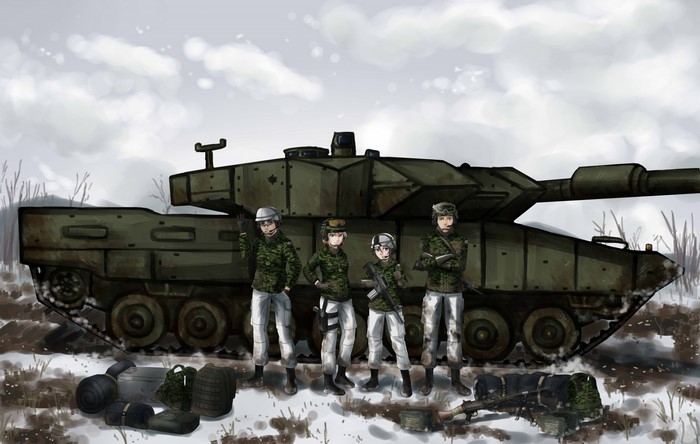 Four soldiers in winter camouflage with a tank