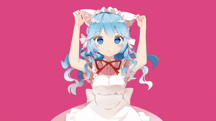 Anime girl with blue hair and cat ears in maid outfit