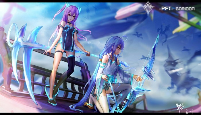 Two anime girls with fantasy weapons in a sky setting