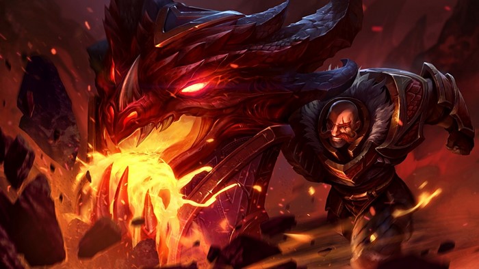 Braum and dragon breathing fire from League of Legends