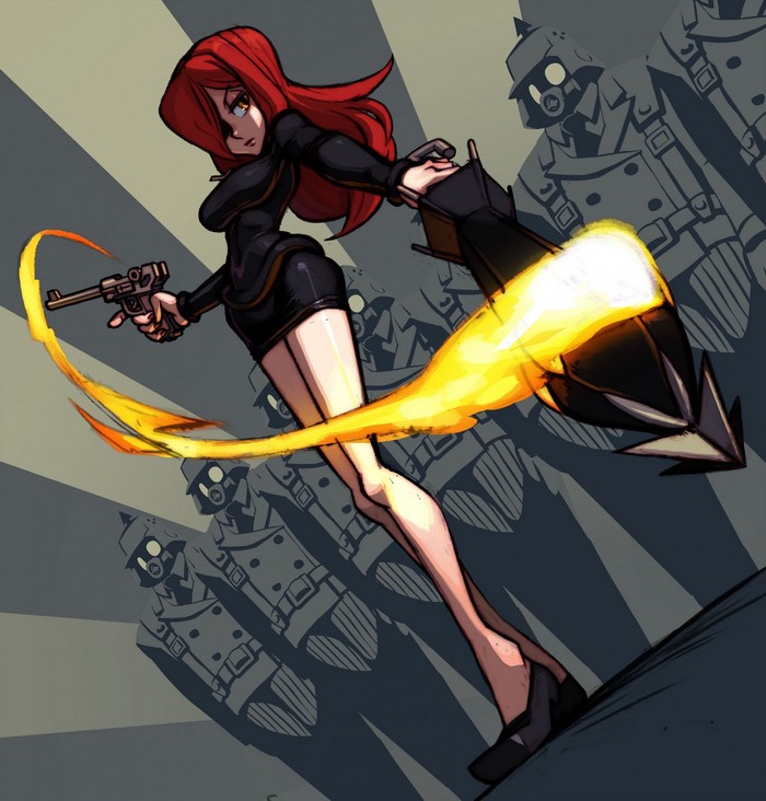 Parasoul from Skullgirls firing a rocket launcher