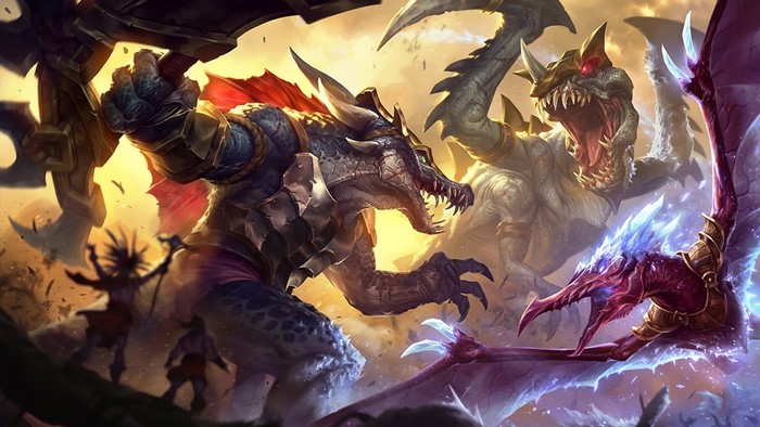 Renekton and Cho'Gath fighting a dragon in League of Legends