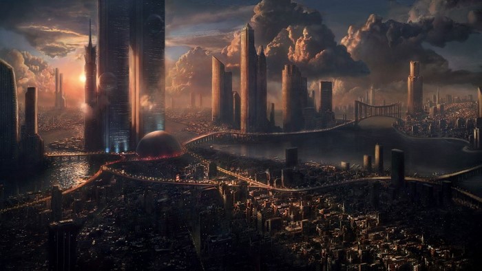 Futuristic cityscape at dusk with towering skyscrapers and bridges