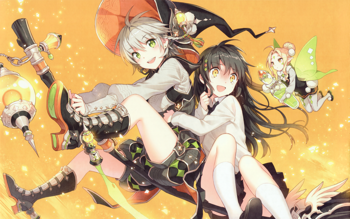 Anime illustration of witches and fairies with magical staffs