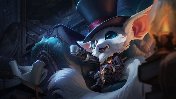 Gnar from League of Legends in a suit with a teacup