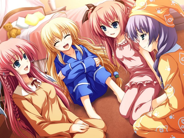 Anime girls in pajamas in a bedroom
