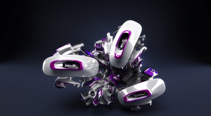 Abstract 3D render of a mechanical sculpture with purple accents