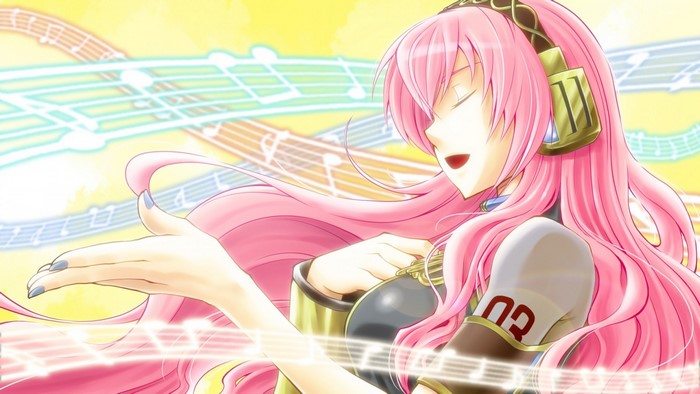 Megurine Luka from Vocaloid singing with musical notes