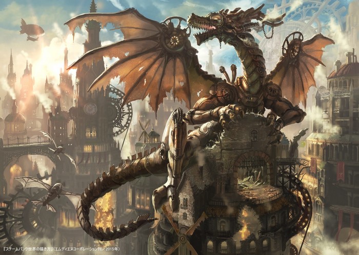 Steampunk mechanical dragon in a city