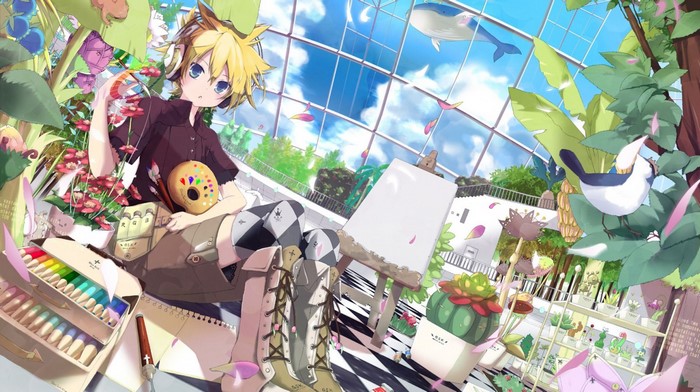 Kagamine Len painting in a greenhouse with plants and a whale