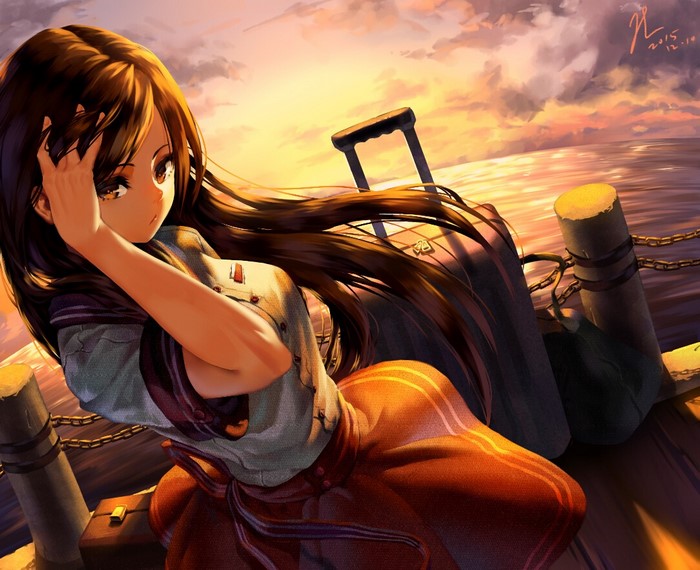 Anime girl with luggage at sunset