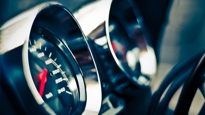 Close-up of a motorcycle speedometer