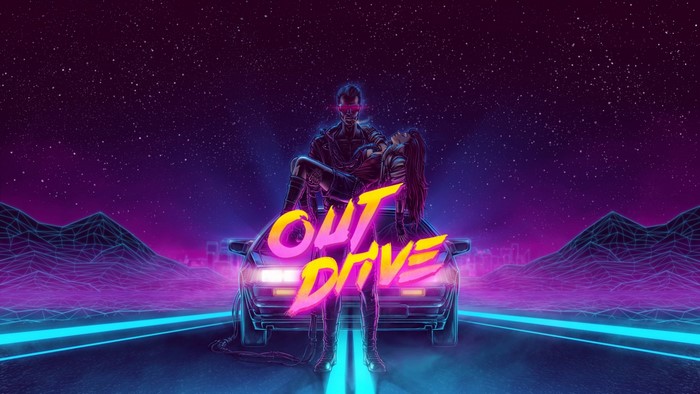 Out Drive illustration with man carrying woman on car