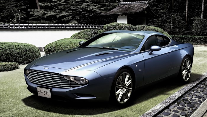 Aston Martin Zagato coupe in a Japanese garden