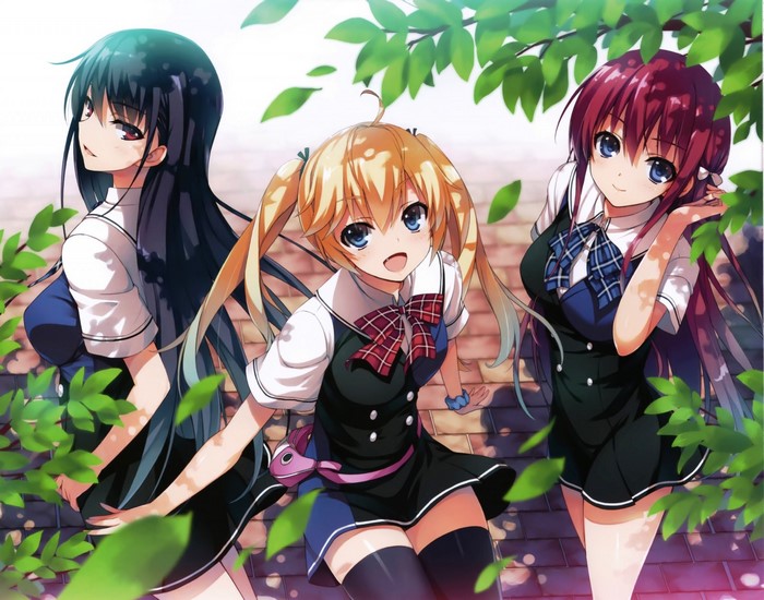 Three anime girls in school uniforms from Grisaia no Kajitsu