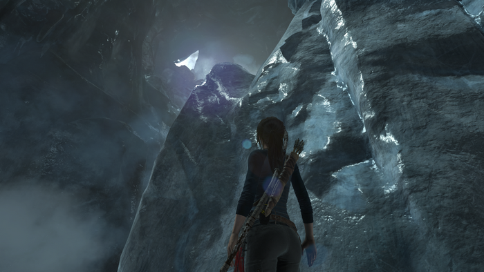 Lara Croft in an ice cave in Rise of the Tomb Raider