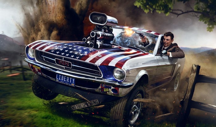 Ronald Reagan driving a Ford Mustang with American flag paint
