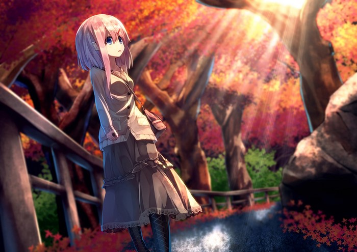Anime girl with pink hair in autumn forest