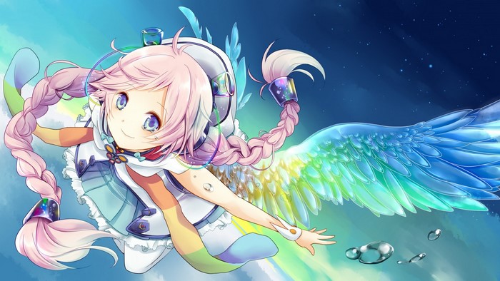 Rana Vocaloid with colorful wings flying in the night sky