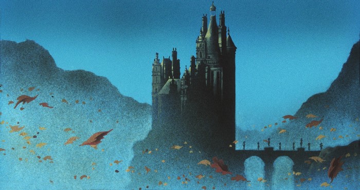 Castle and bridge with falling leaves