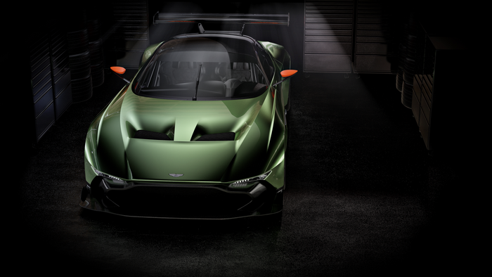 Aston Martin Vulcan sports car in a garage