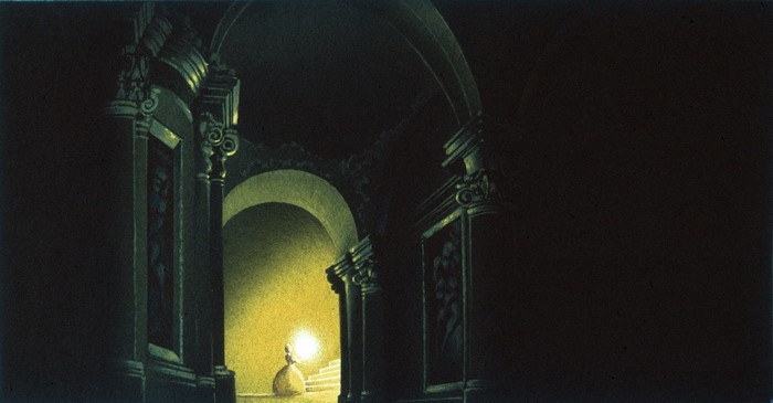 Belle from Beauty and the Beast in a dark castle hallway