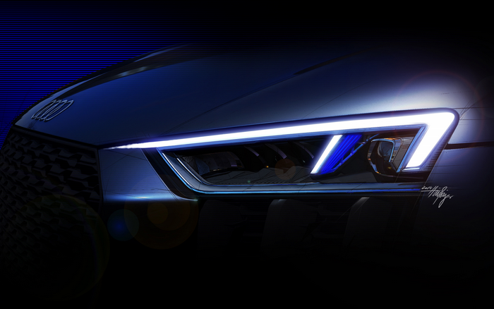 Audi concept car headlight sketch with blue accents