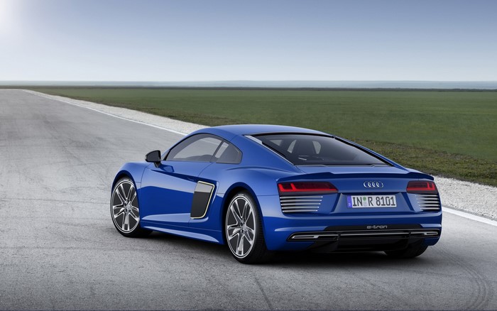 Blue Audi R8 e-tron electric sports car on a road