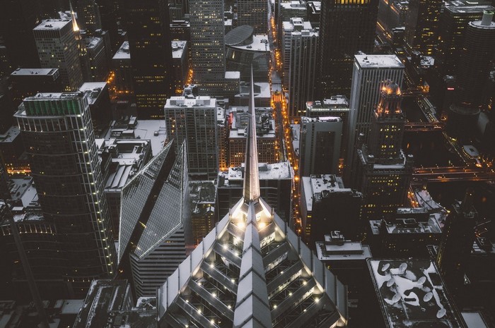 Aerial view of Chicago skyscrapers at night in winter
