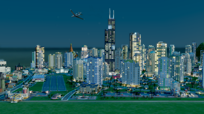 SimCity cityscape with skyscrapers and an airplane
