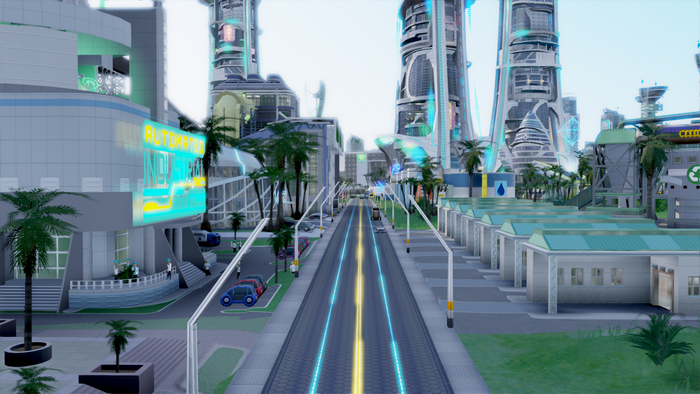 Futuristic city street with automated vehicles and modern architecture