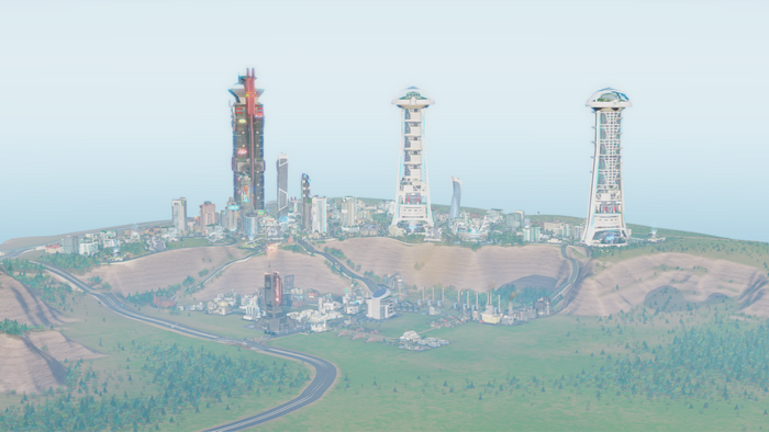 SimCity skyline with futuristic towers and cityscape