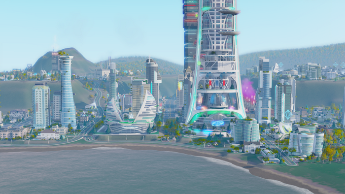 Futuristic cityscape with skyscrapers and a beach