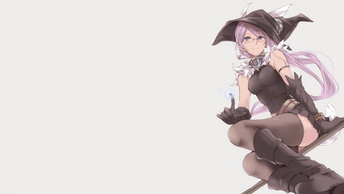 Anime witch with glasses and pink hair on a broomstick