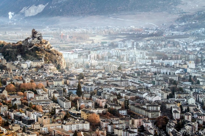 Aerial view of Sion city and Valere Basilica, Switzerland