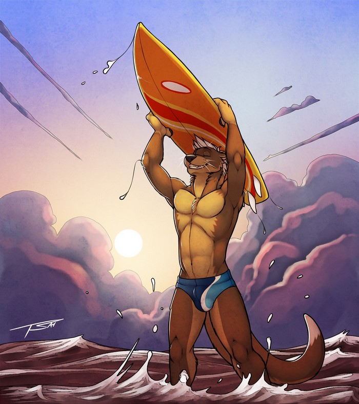 Furry otter surfer holding a surfboard at sunset