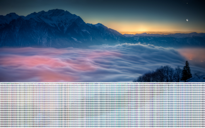 Mountains above clouds at sunset with moon and star