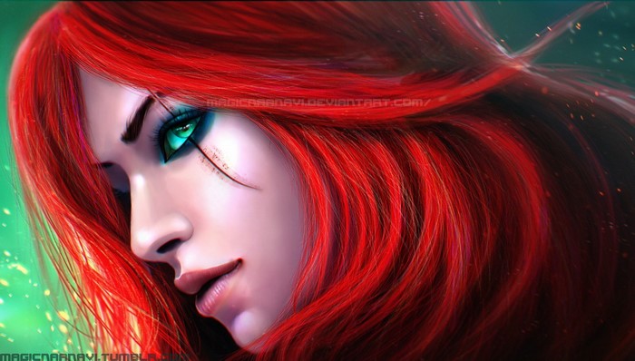 Katarina Digital Art with Red Hair and Green Eyes