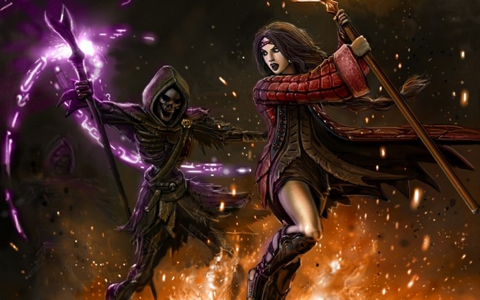 Skeleton warrior fighting a woman warrior with staffs