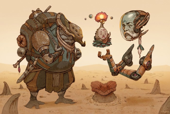 Sci-fi character with backpack and floating head