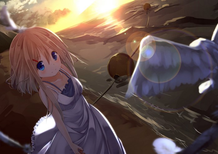 Anime girl in a white dress with wings and balloons