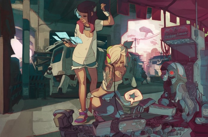Anime characters in a futuristic marketplace