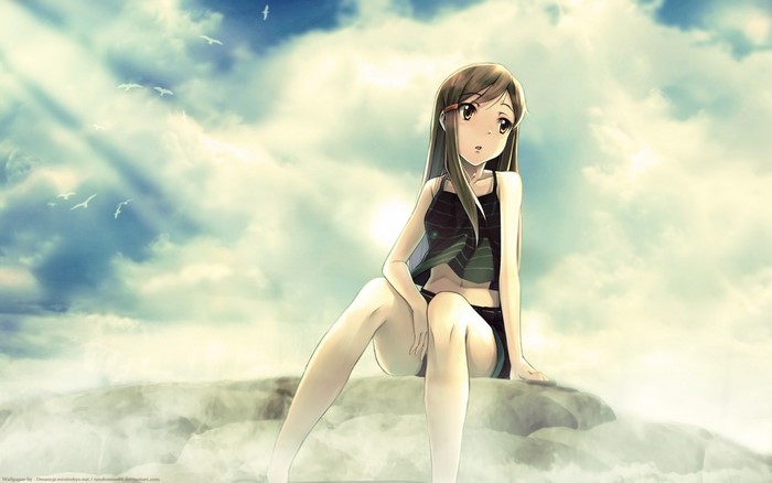 Anime girl sitting on a rock with clouds and birds in the background