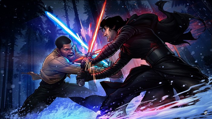 Finn and Kylo Ren fighting with lightsabers in Star Wars