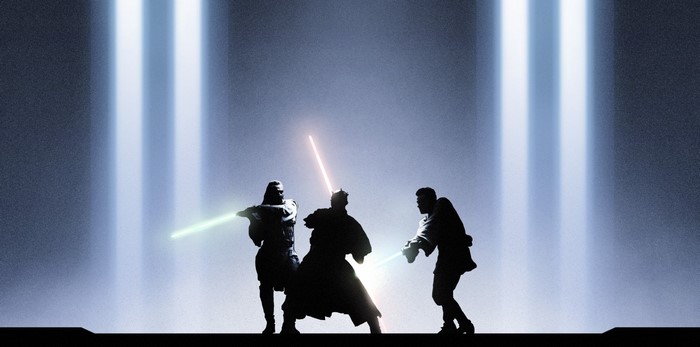 Three Jedi fighting with lightsabers in Star Wars