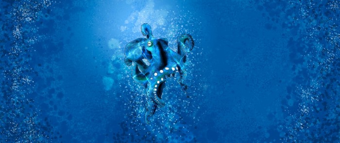 Blue octopus swimming underwater with bubbles