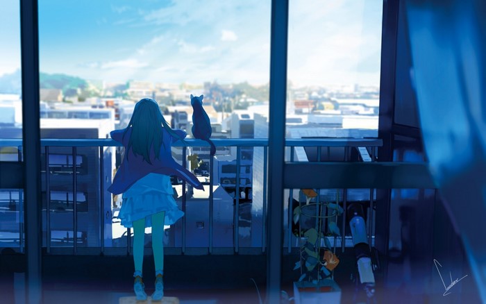 Anime girl and cat on balcony overlooking city