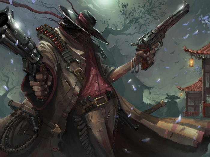 Cowboy with guns in a Japanese-inspired setting