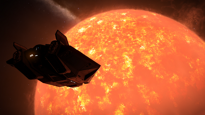 Spaceship near a large star in Elite Dangerous